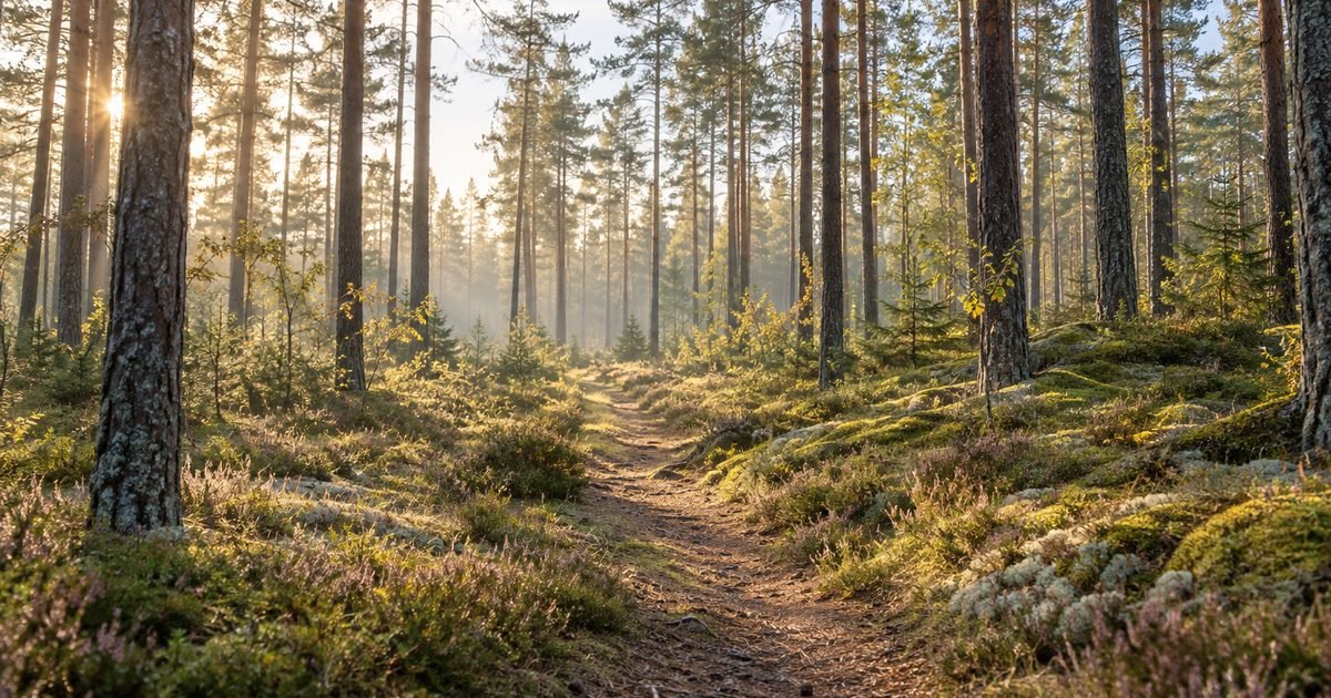 Takas per šviesų pušyną su samanomis ir viržiais ankstyvą rudenį