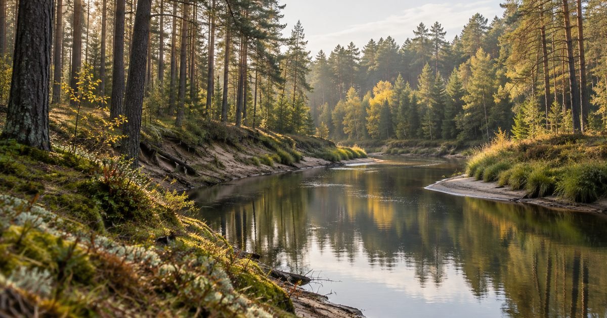 Upė vingiuoja per seną pušyną ankstyvo rudens rytą