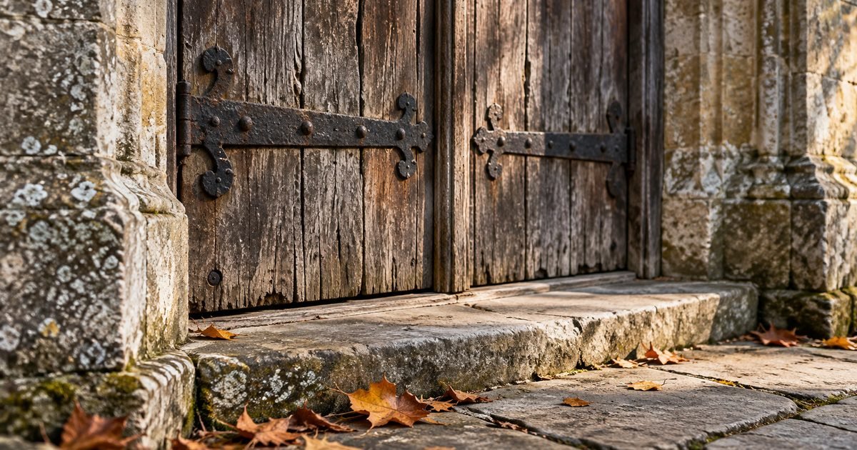 Sena ąžuolinė bažnyčios durų dalis ir akmeninis slenkstis ryto šviesoje
