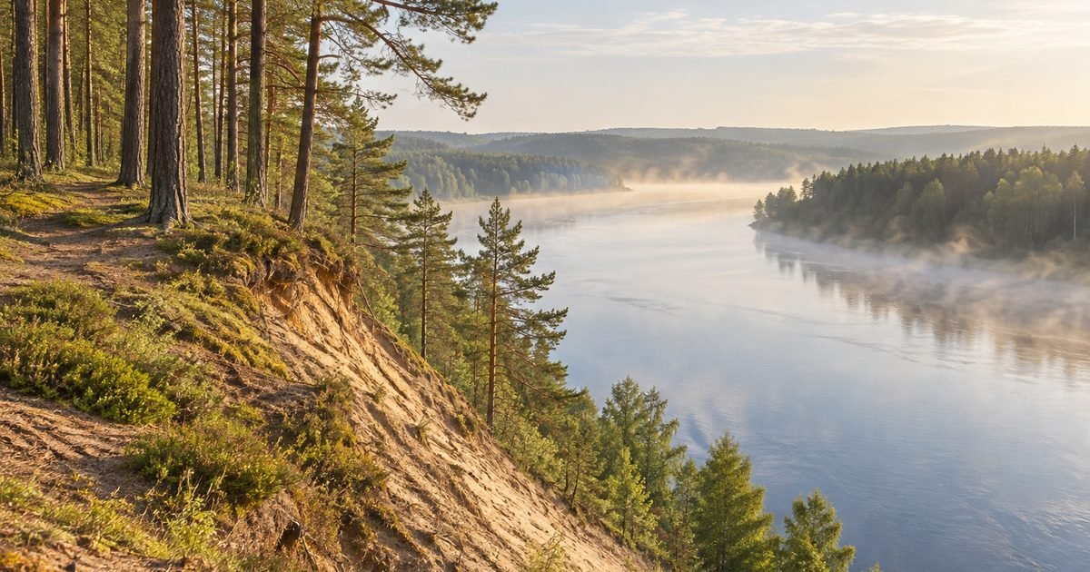 Pušimis apaugęs aukštas krantas virš upės rūkuotą rytą