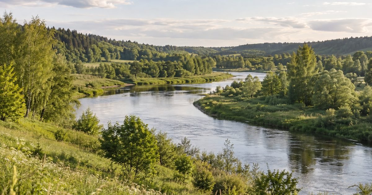 Vingiuojanti upė žaliame slėnyje su alksniais ir beržais