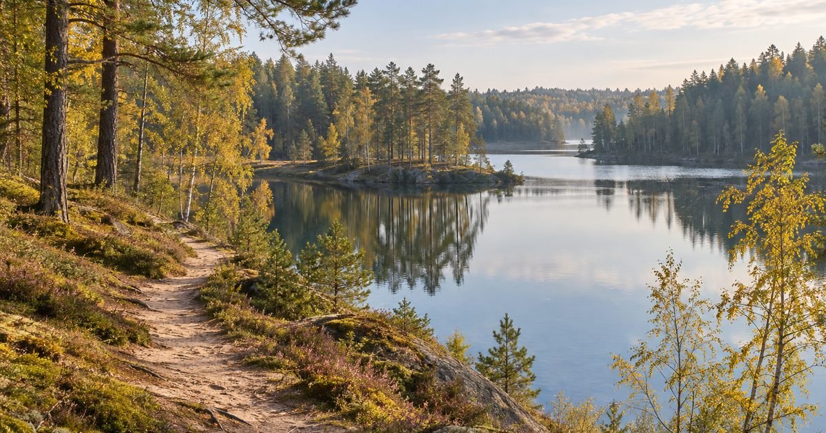 Mažų ežerų grandinė tarp pušų ir beržų rudens rytą