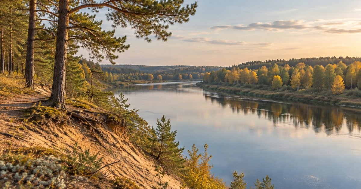 Aukštas pušimis apaugęs krantas virš plačios upės rudens popietę