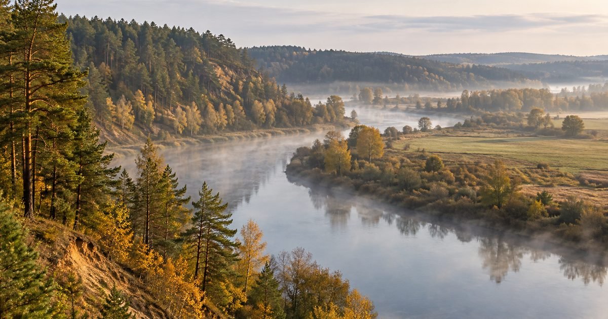 Neries slėnio pievos ir pušynas rudens rytą