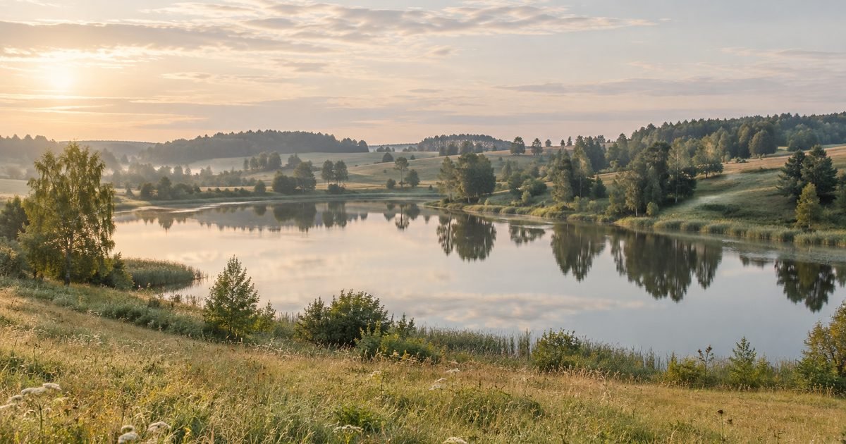 Nedidelis ežeras tarp banguojančių laukų vasaros pabaigoje