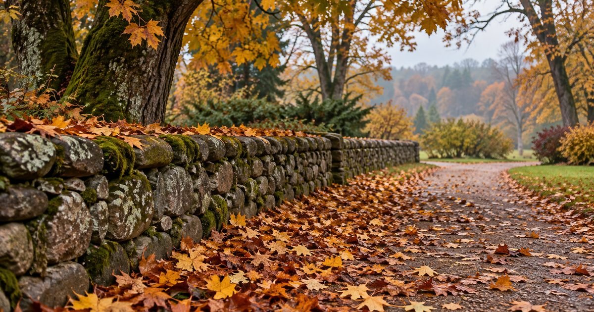 Sena akmeninė tvora ir rudens lapai parko take