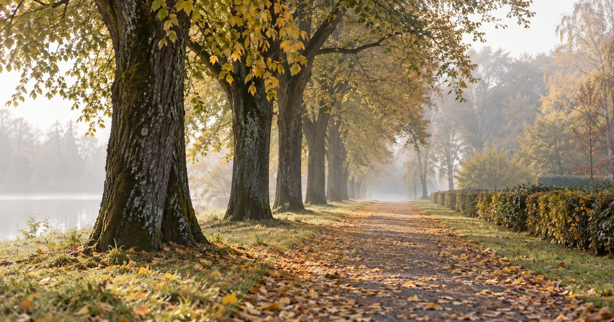 Senų medžių alėja ir takas parke rudens rytą
