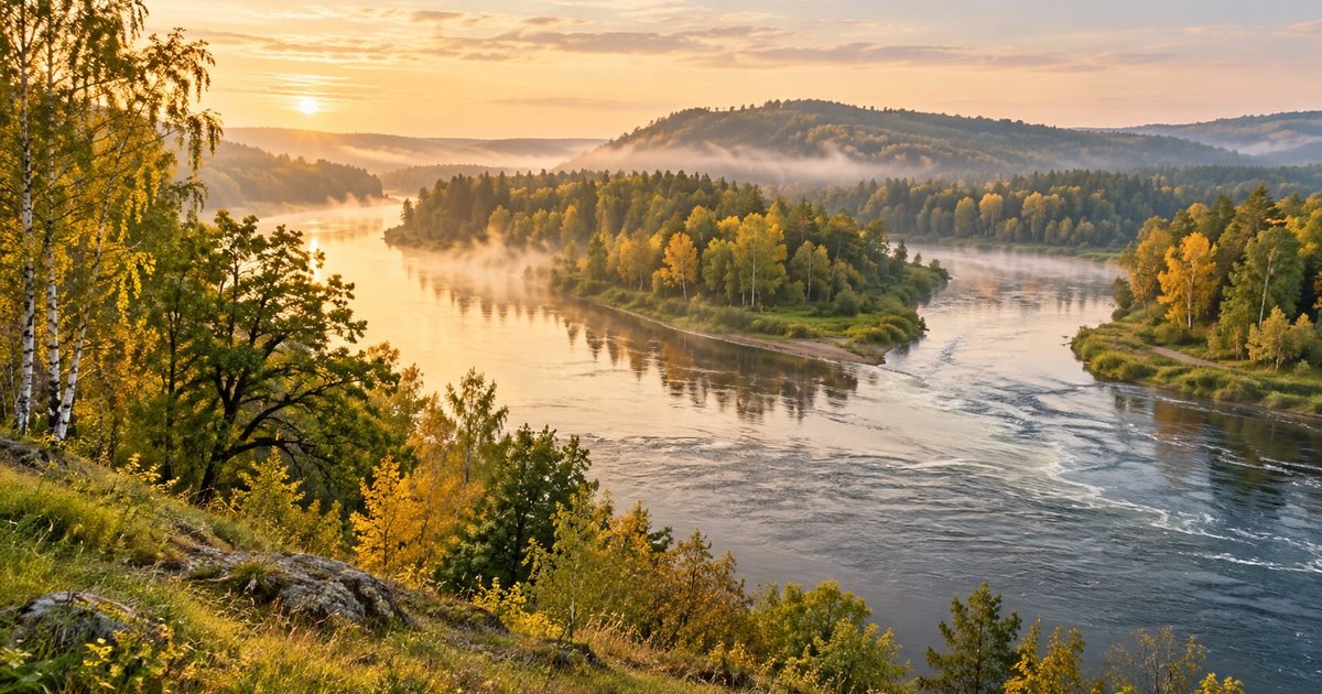 Plati upė su rūku tarp miškingų krantų ankstyvą rudens rytą