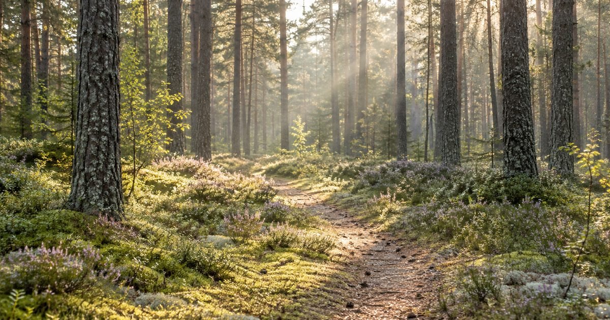 Takas per tankų pušyną su samanomis ir viržiais ryto saulėje