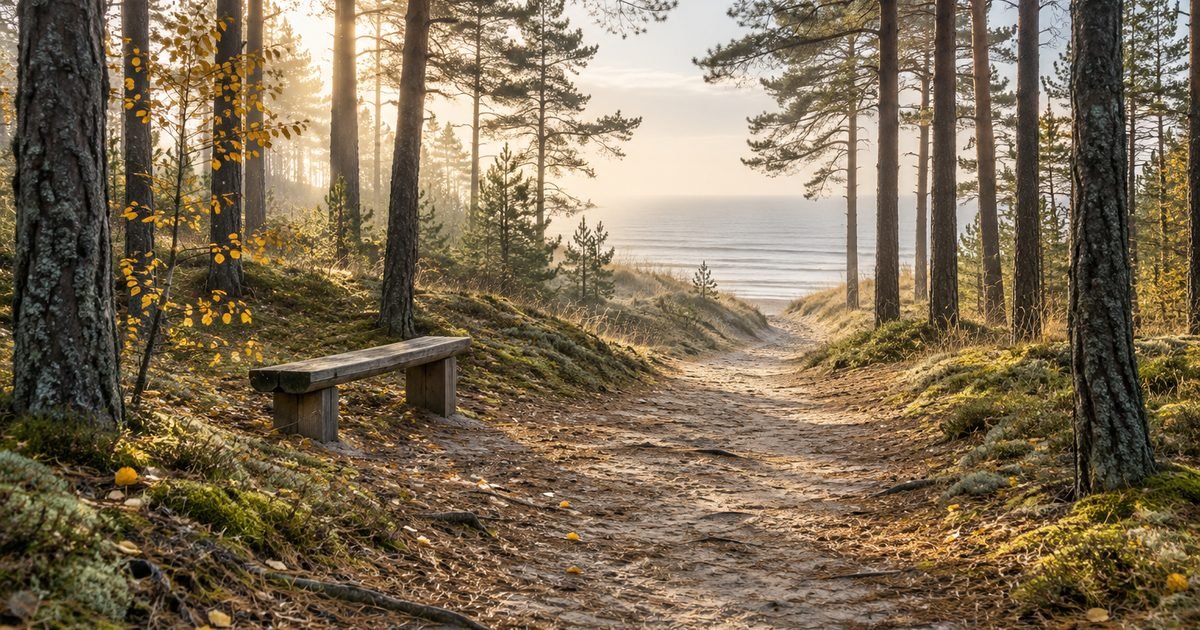 Pušyno takas su mediniu suoliuku, vedantis link jūros rudens rytą