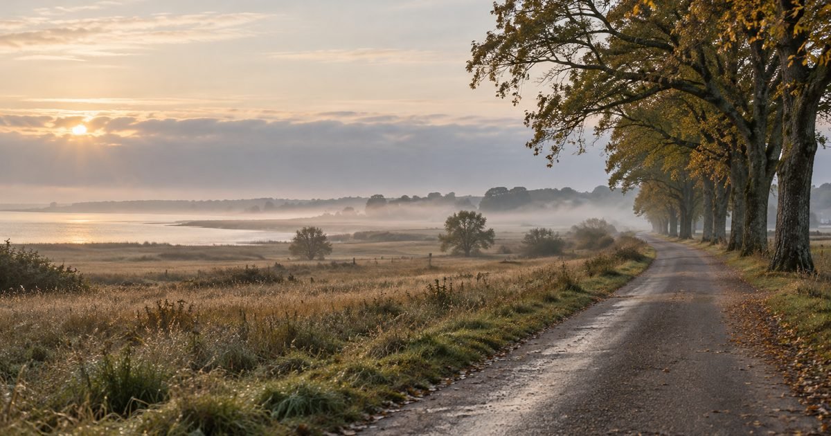 Pajūrio pievos ir senų medžių eilė prie kaimo kelio rudens rytą