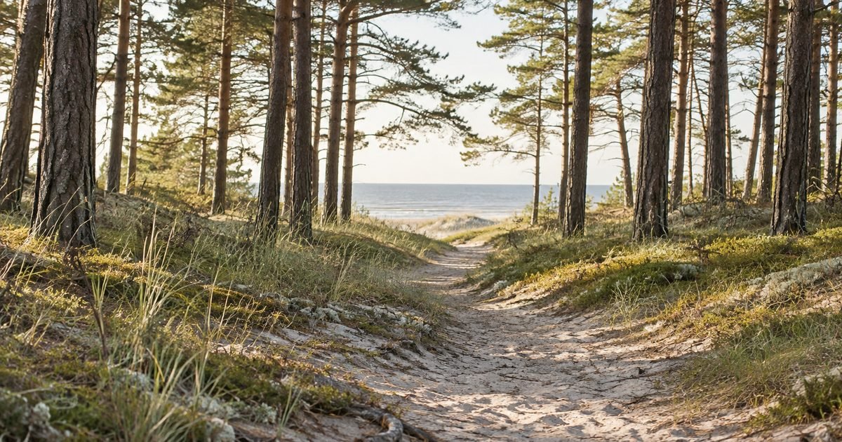 Smėlėtas pajūrio pušyno takas ryto šviesoje