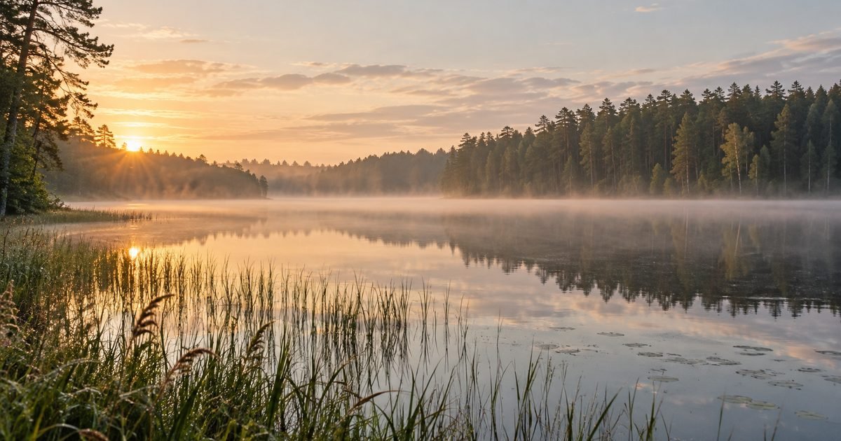 Ramus Aukštaitijos ežero krantas su nendrėmis saulėtekyje