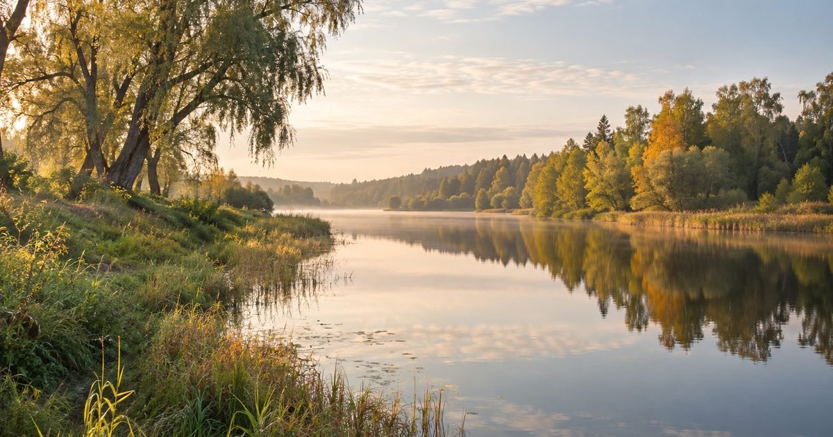 Ramus tvenkinys su žolėtais krantais ir senais gluosniais