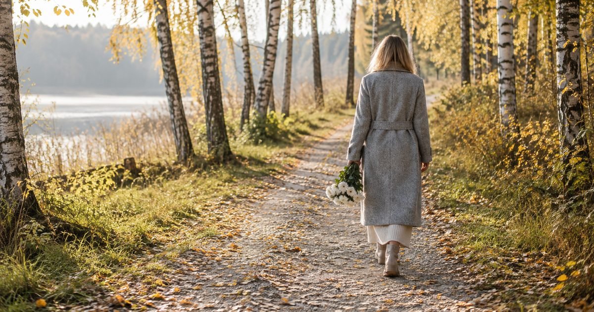Žmogus pilku paltu su baltomis chrizantemomis eina beržų alėja