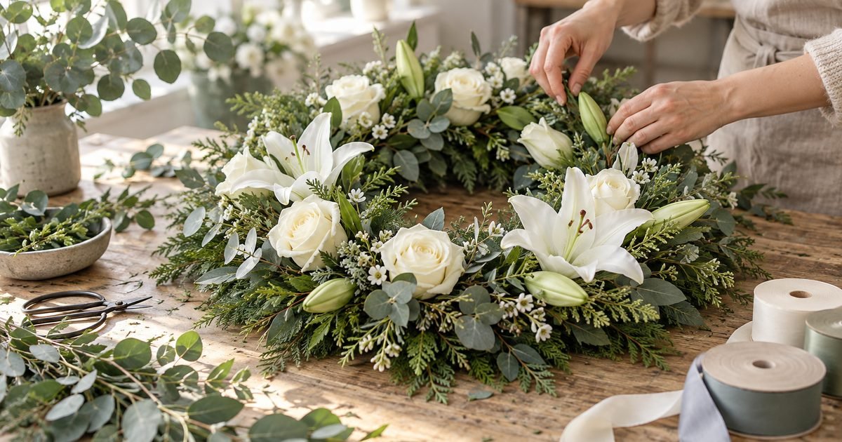 Floristės rankos pina vainiką iš žalumos, baltų rožių ir lelijų