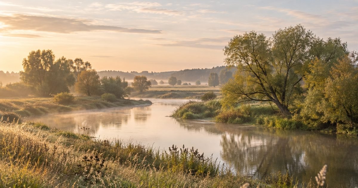 Nedidelė upė tarp pievų su gluosniais ramų rudens rytą