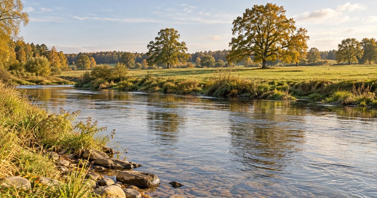 Sekli upė su akmenimis ir pieva su ąžuolais rudenį