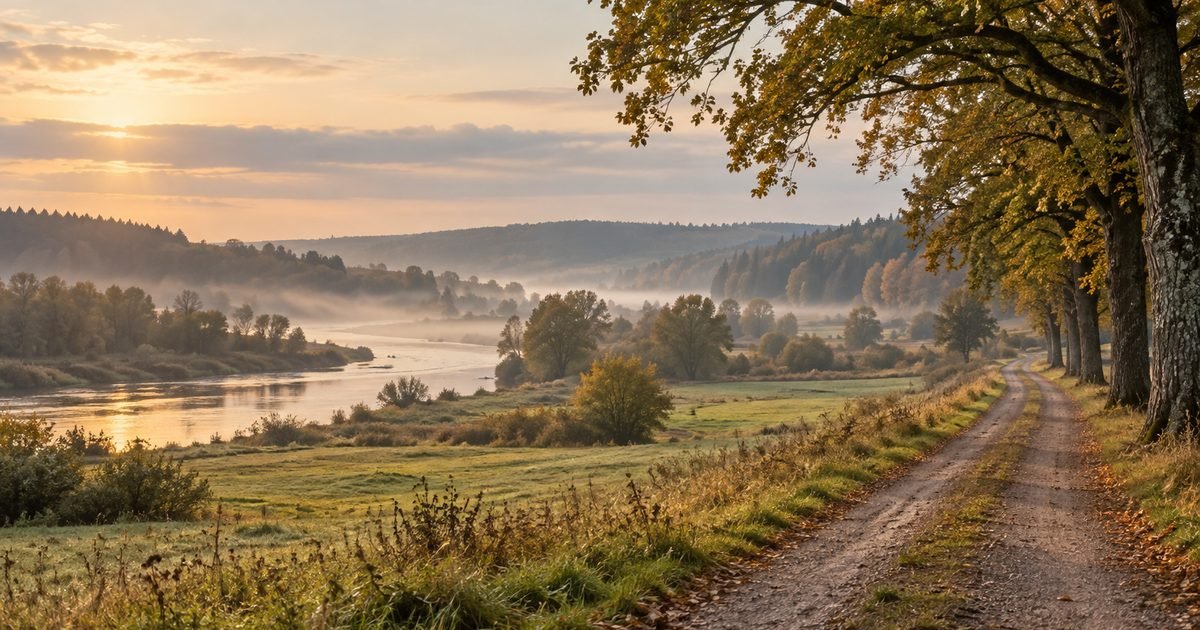 Ventos slėnio pievos ir senų medžių eilė rudens rytą