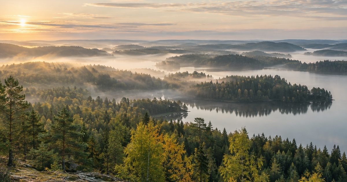 Vaizdas nuo kalvos į daugybę ežerų ir miškų rudens rytą