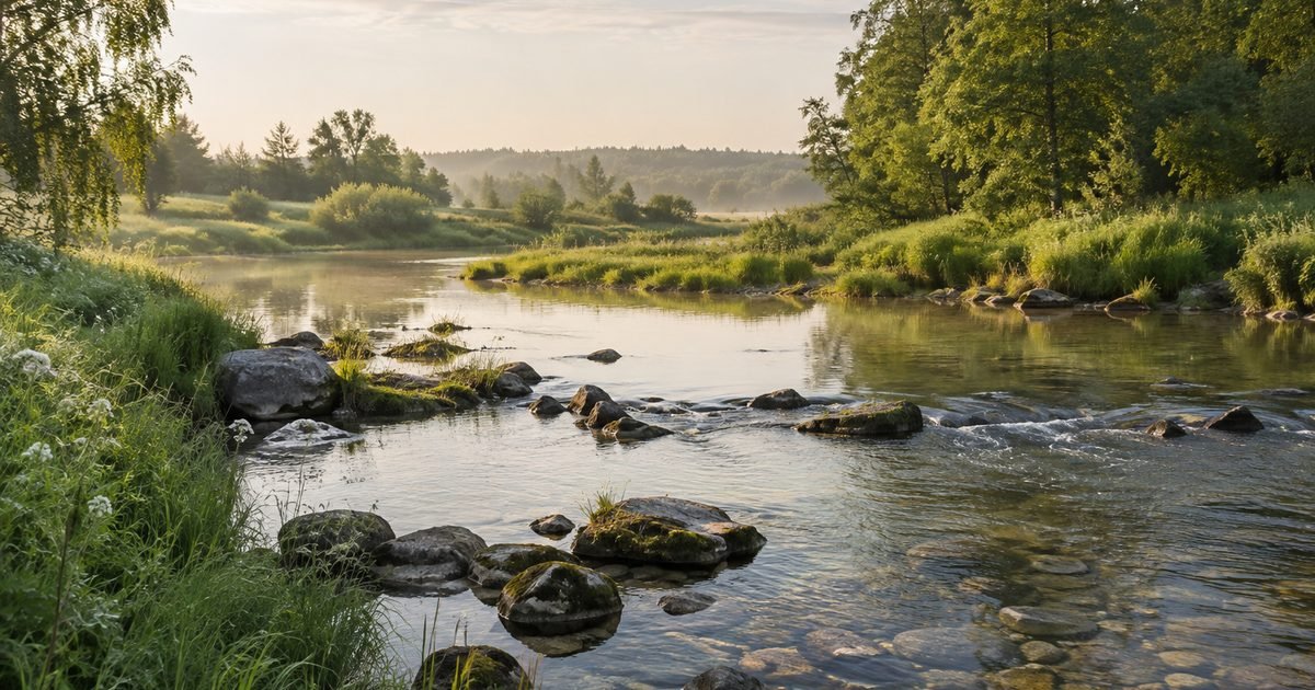Upė su akmenuotomis seklumomis tarp žalių pievų ir alksnių