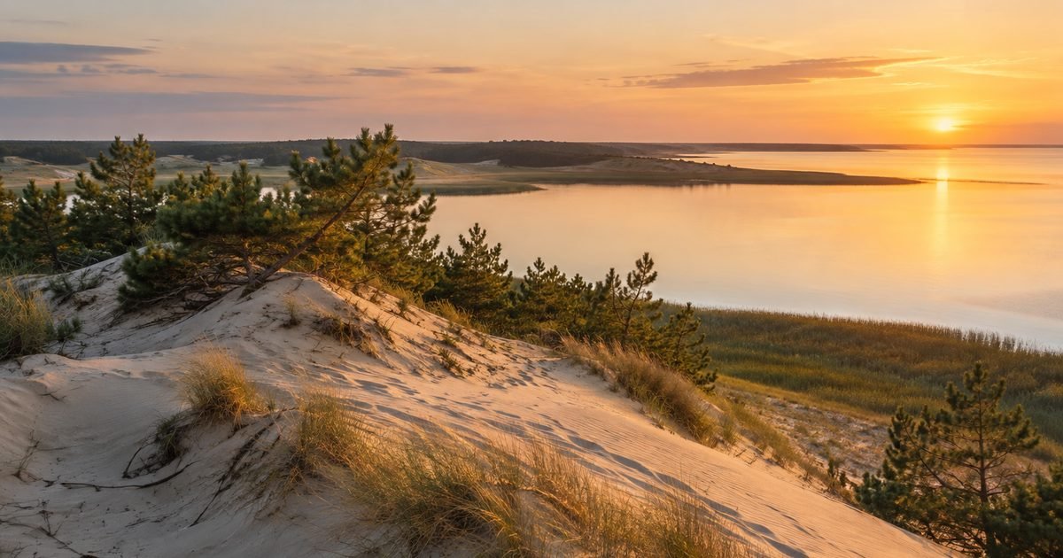Aukšta kopa su kalninėmis pušimis virš marių saulėlydžio metu