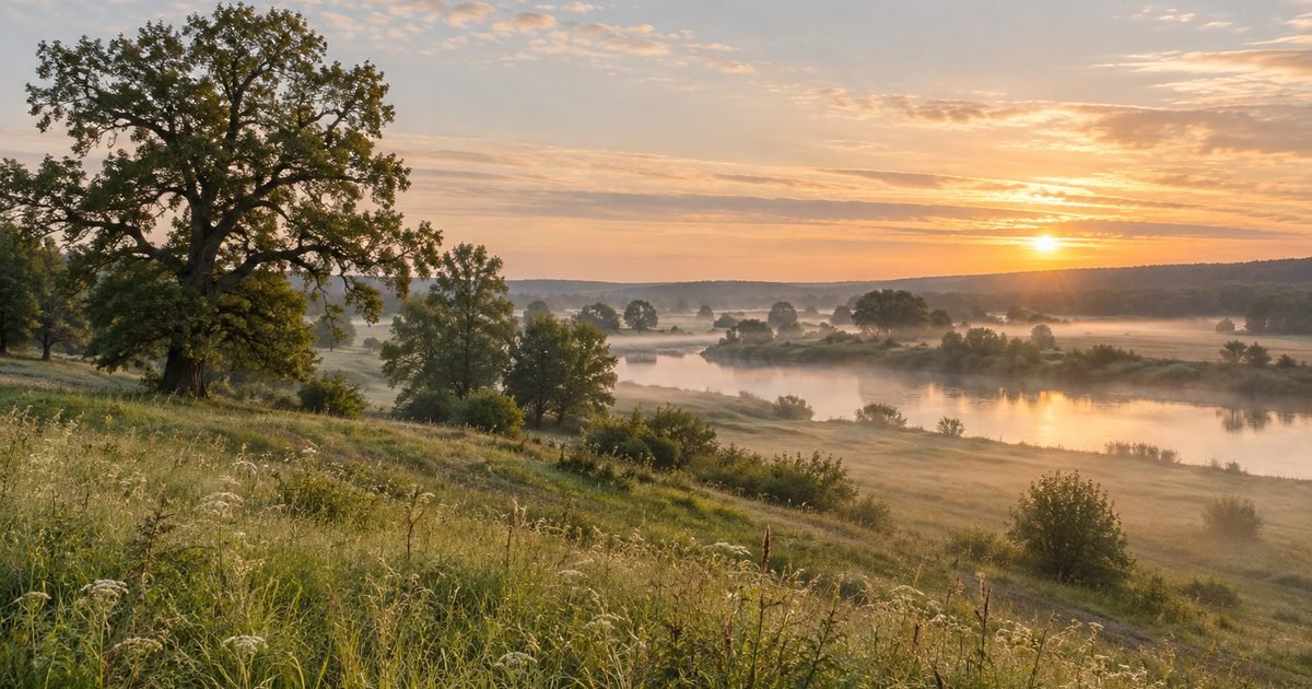 Užliejamos pievos su senais ąžuolais ryto rūke