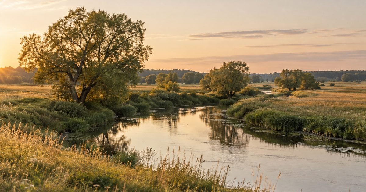 Nedidelė upė su gluosniais tarp lygių laukų vakaro šviesoje
