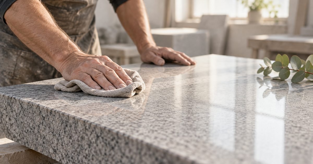 Šviesiai pilko granito plokštės ir tvarkingi akmeniniai apvadai iš arti