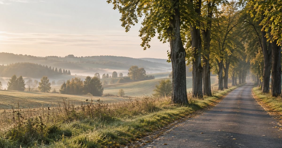 Aukštaitijos laukai ir senų liepų alėja rudens rytą