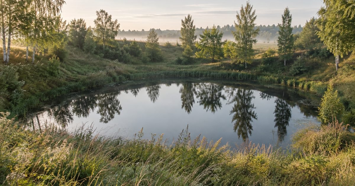 Apvalus smegduobės ežerėlis tarp žolių ir beržų