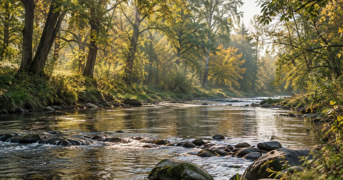 Akmenuota upė sename parke su ąžuolais rudenį