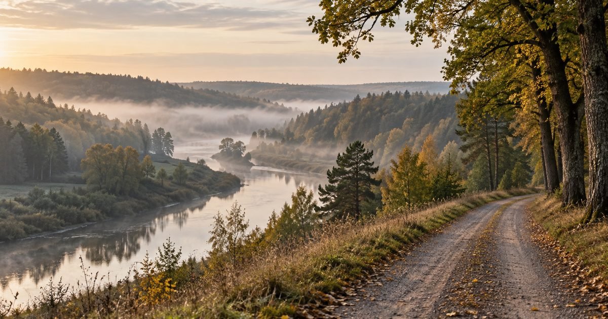 Dubysos slėnis ir senų medžių eilė prie kaimo kelio rudens rytą