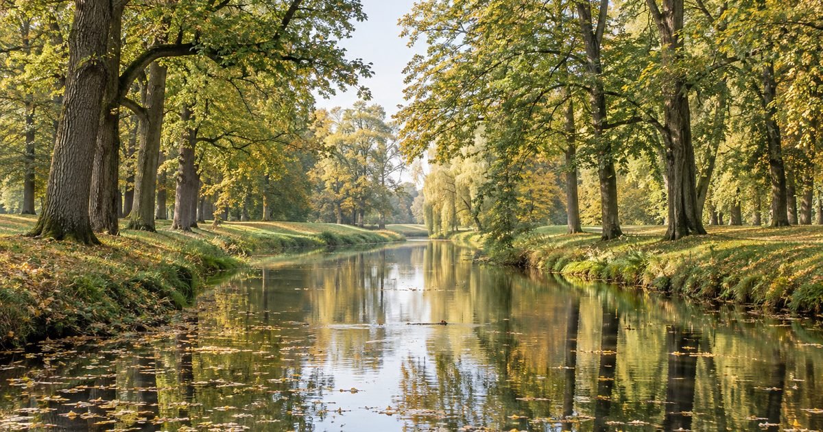 Senas parkas su kanalu ir aukštais ąžuolais rudenį