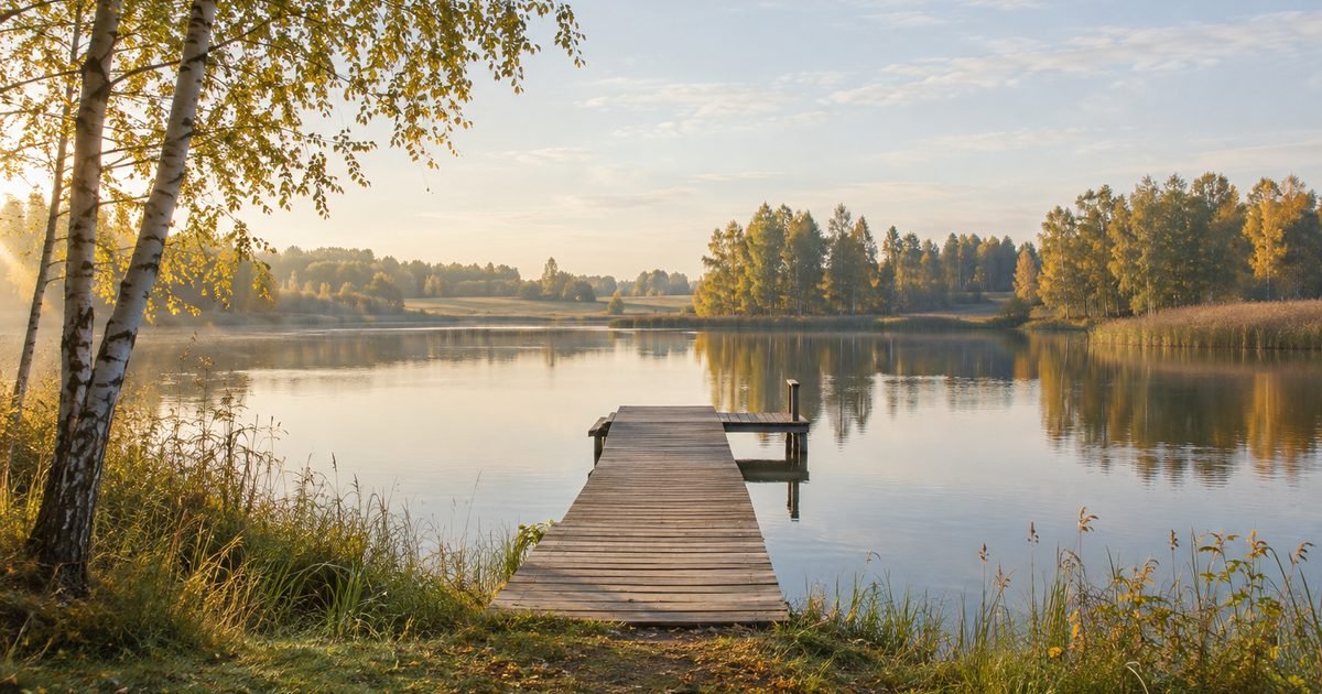 Ežeras tarp beržų su mediniu lieptu rudens rytą