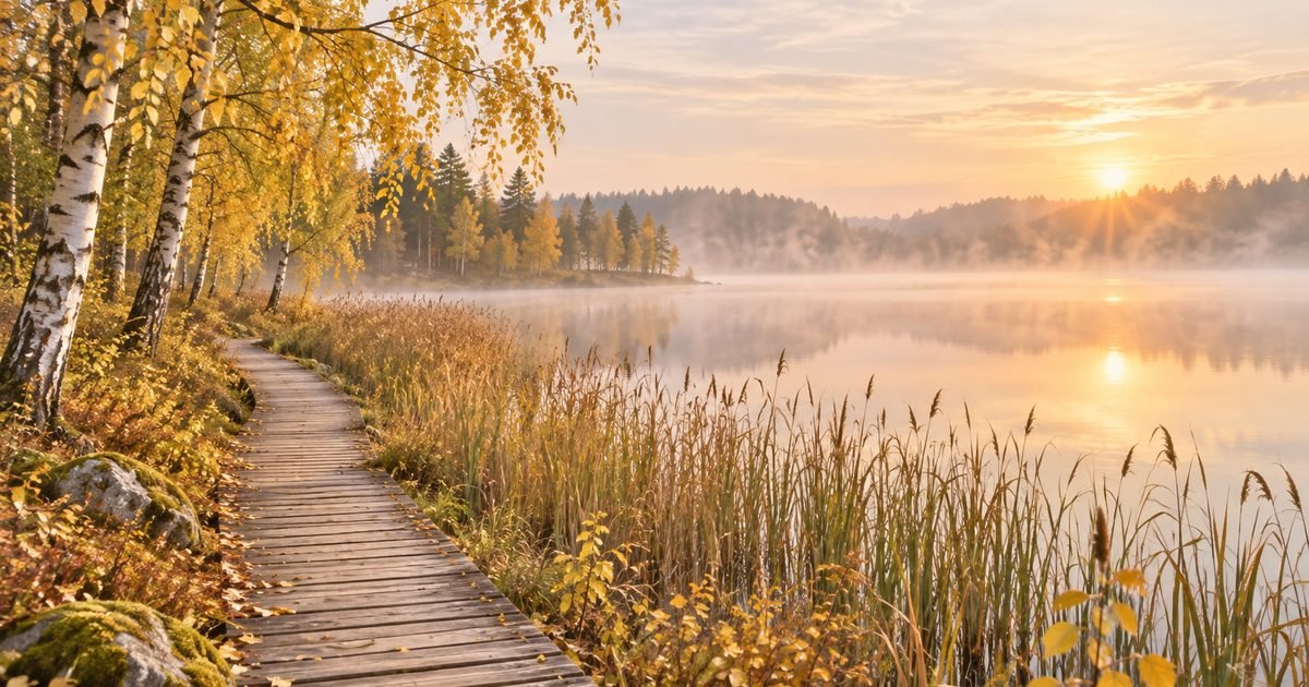 Medinis takas prie ežero su nendrėmis ir beržais rudens rytą