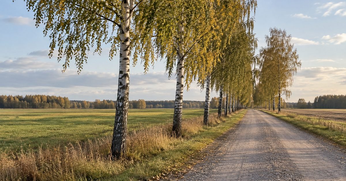 Lygumų laukai ir beržų eilė prie kaimo kelio rudens popietę