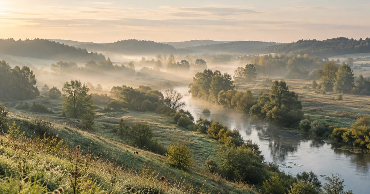 Žalios kalvos su upeliu ir alksniais slėnyje rudens rytą
