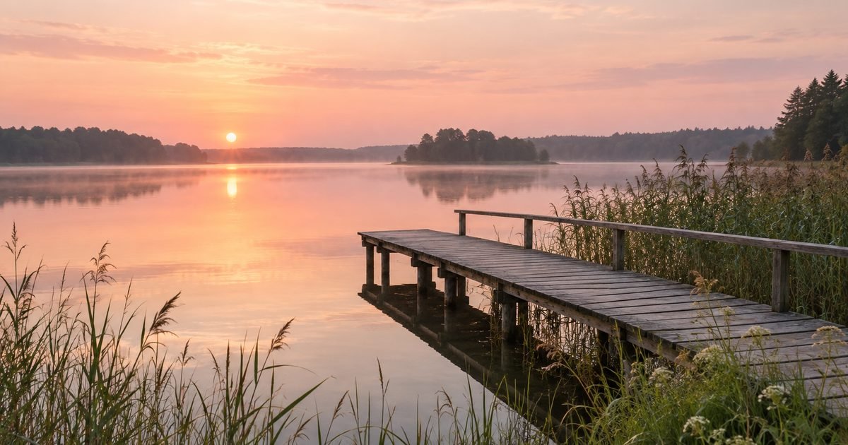 Ramus tvenkinys su nendrėmis ir mediniu lieptu saulėtekio metu