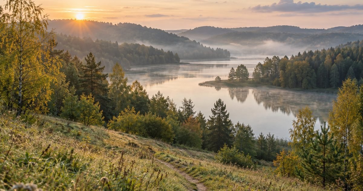 Ežeras tarp kalvų su mišriu mišku ir taku šlaite rudenį