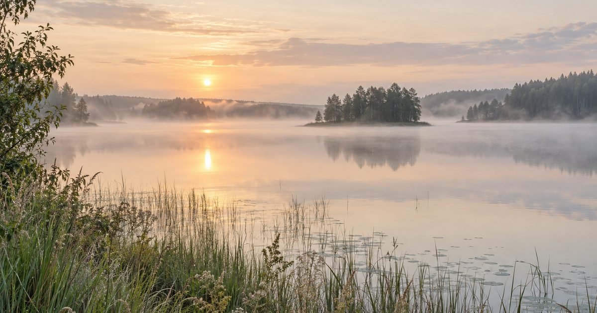 Ramus ežeras su miškingomis salelėmis ir nendrėmis auštant
