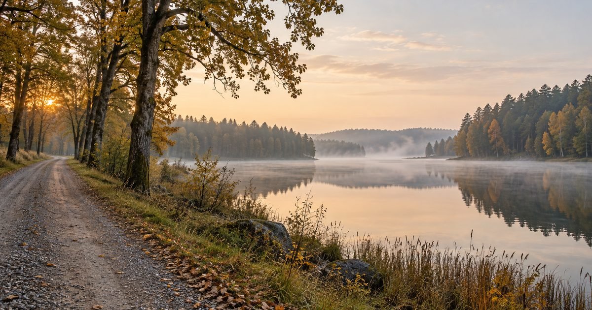 Ežeras tarp miškų ir senų medžių eilė prie kaimo kelio rudens rytą