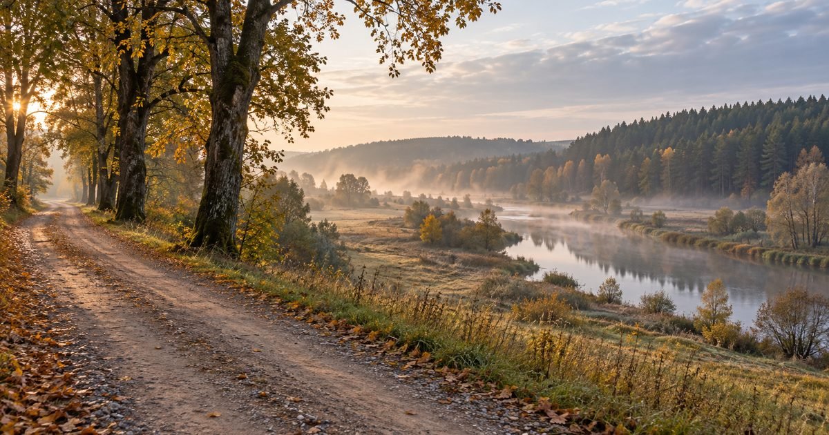 Šventosios upės slėnis ir senų medžių eilė prie kaimo kelio rudens rytą