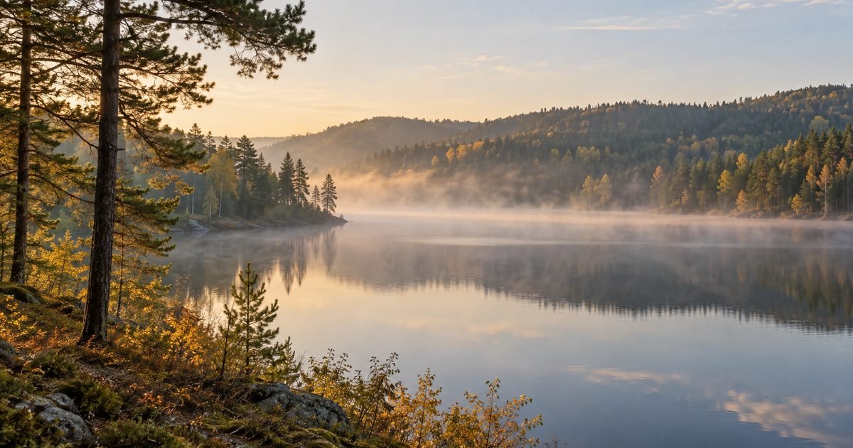 Ežeras tarp miškingų kalvų ir pušys pakrantėje rudens rytą