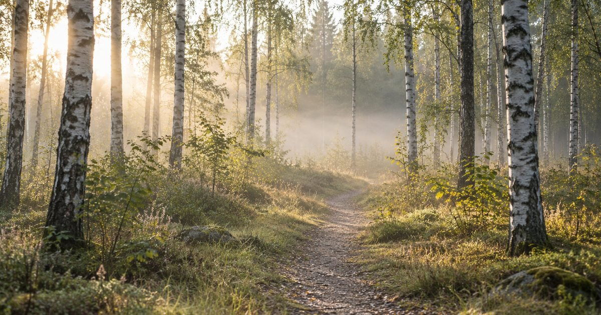 Takas per beržyną ankstyvo ryto rūke