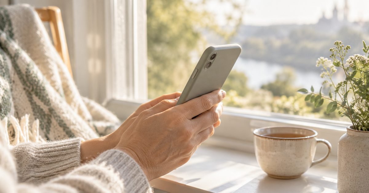 Rankos laiko telefoną prie šviesaus lango