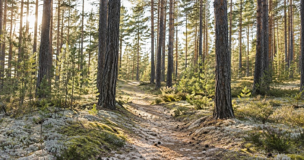 Baltas smėlis ir samanos saulėtame pušyne