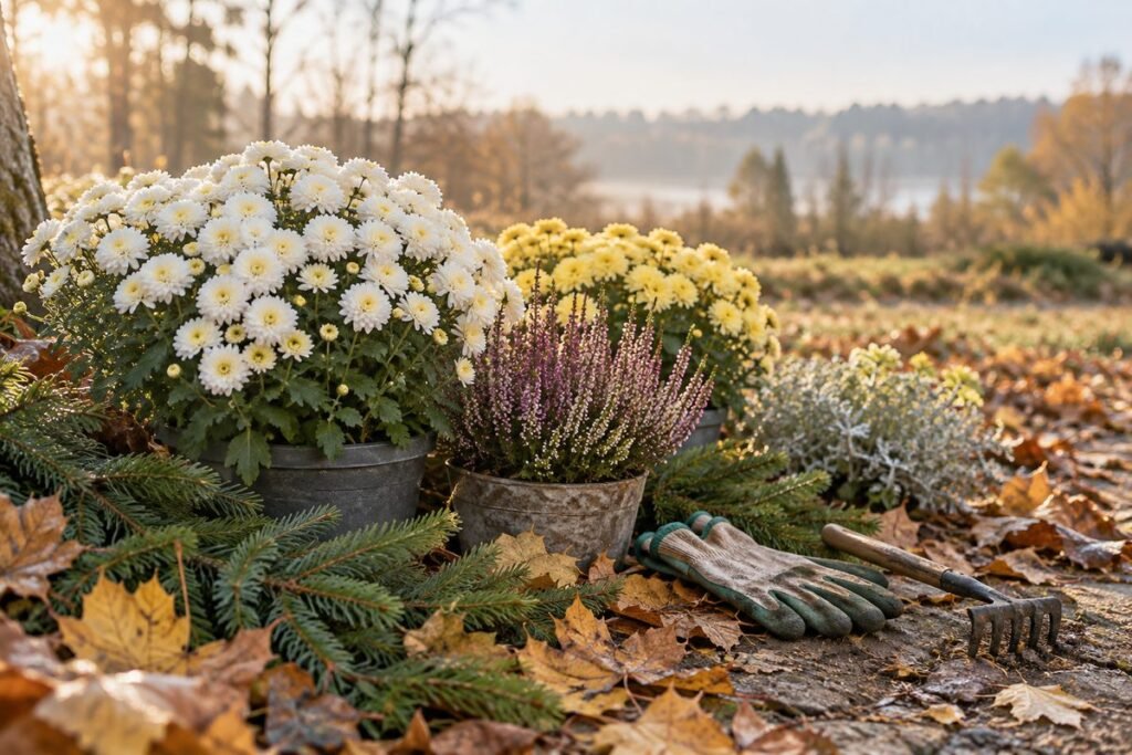 Chrizantemos ir viržiai vazonuose, eglišakiai ir grėbliukas ant rudens lapų