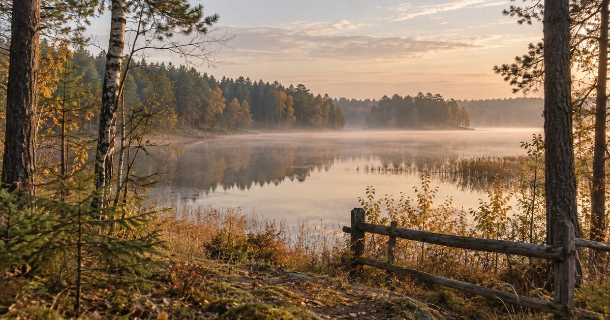 Pušynas prie ežero rudens rytą, rūke matyti medinė tvora