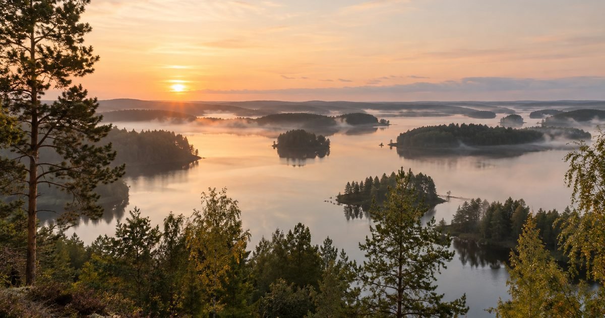 Didelis ežeras su daugybe salų nuo kalvos saulėtekio metu
